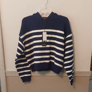 Truth By Republic Loyal Navy and Ivory Striped Mid Cropped Hooded Sweater Sz M